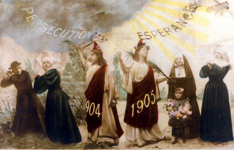 Postcard encouraging the separation of Church and State, 1905. Comparison before the law of 1905, the state persecutes the Church, after the law Church and state lives in harmony.