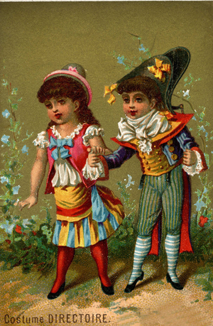 Two little children dressed in a Directoire costume (Epoque Napoleon). Chromolithography of the late 19th century