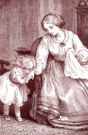 Le baiser a maman. Drawing by Lorenz Frolich (1820-1908). Engraving 1867