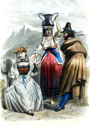 Types of Europe: Swiss woman sitting and Italian couple.