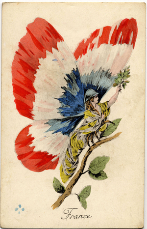 Allegory of France: a young woman butterfly with wings color of the French flag; Postcard from the beginning of the 20th century