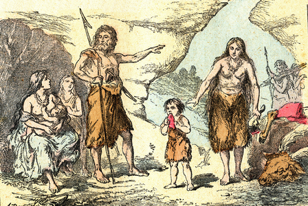 A family at the era of reindeer (Prehistoire): Natural creation and living beings. Drawing A. Demarle. 1885