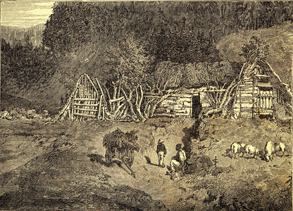 Un buron au Mont-Dore (Mont Dore) en Auvergne. Engraving in “Les peuples de la Terre” 1890.