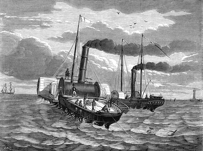 Installation of an electric underwater cable from Dover to Calais on August 28, 1850, between the “GOLIATH” and the “” WIDGEON “”. Engraving 1868