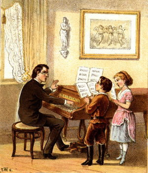 La lecon de chant - Drawing by the German illustrator Theodor Hosemann (1807-1875) Berlin 1855