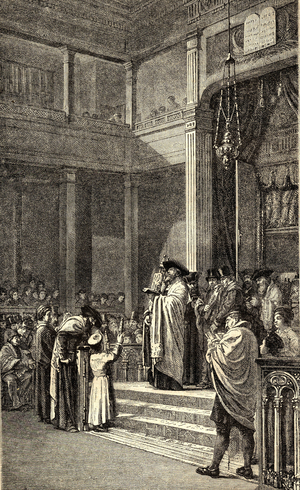 Interior of a synagogue in France. 19th century engraving