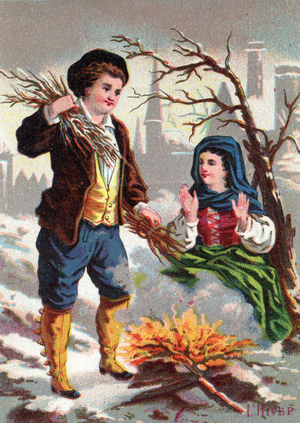 Two young men warm themselves in front of a wood fire during the winter. Chromolithography of the 19th century