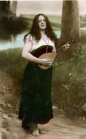 A young woman playing mandolin. Postcard from the beginning of the 20th century