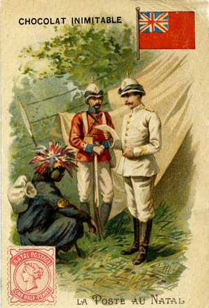La Poste au Natal (former British colony), South East Africa. Chromolithography around 1890.