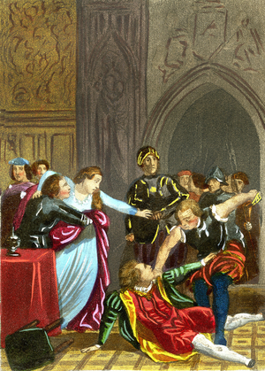Death of David RIZZIO (Davide Riccio or Rizzo) (circa 1533-1566) in front of Marie STUART - Private secretary of Marie Stuart, assassinated on 9 March 1566.Crimes celebrated by Alexandre Dumas 1841