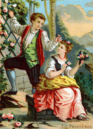 Spring: a young man puts flowers in the hair of a woman making a bouquet. Late chromolithography of the 19th century.