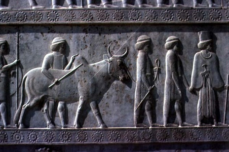 Detail of the relief frieze on the East stairway to the Apadana (audience hall) depicting Babylonian delegates bearing gifts for a ceremony, Achaemenian period, c.515 BC (limestone) (see 117114)