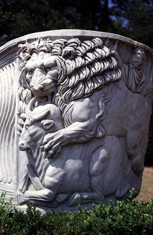 Detail of a lion attacking a bull, from a Neo-Classical sarcophagus on the entrance lawn (stone)