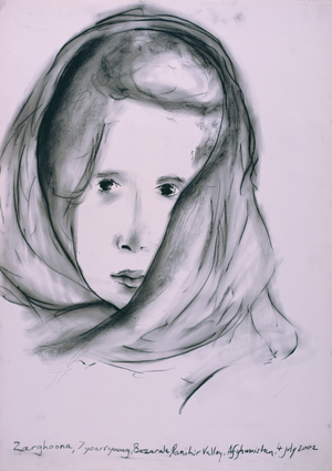 Zarghoona, Panshir Valley, Afghanistan, 4th July 2002 (charcoal on paper)