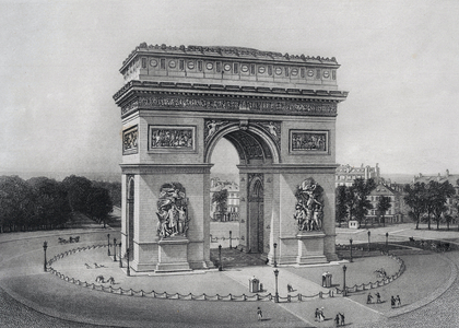 View of France: The Arc de Triomphe de l'Etoile in Paris - Engraving by HURLIMANN, 19th century after the Daguerrian photographic excursions. In “” Most Remarkable Views and Monuments of the Universe””. Private collection