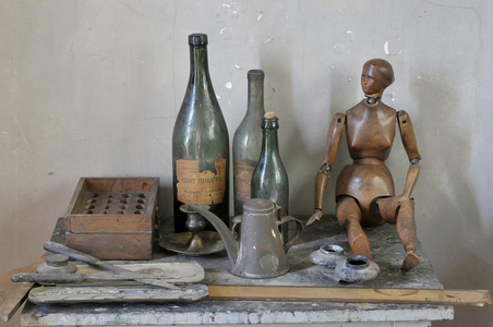 View of objects (articule wood mannequin, tin candle holder and paint material, paint knife, rules, wooden box and buckets) found in Cezanne's still lifes, preserved in the Lauves workshop or Paul Cezanne's workshop (1839-1906), construction 1901-1902, hill des Lauves in Aix en Provence (Bouches du Rhone)