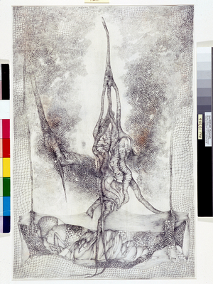 The crucified form. Drawing by Fred Deux (Jean Douassot, born 1924), 1989. Dim: 55x37cm. Lead, pencil and watercolor on paper. Musee de l'hospice Saint-Roch, Issoudun (Donation Cecile Reims and Fred Deux, 2002). Bottom right sign with title+date). Mandatory mention:
