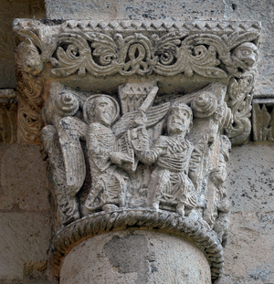 View of La Sauve Maggiore, Abbey of La Sauve-Maggiore in Gironde: capiteau representing the sacrifice of Abraham. 11th century.