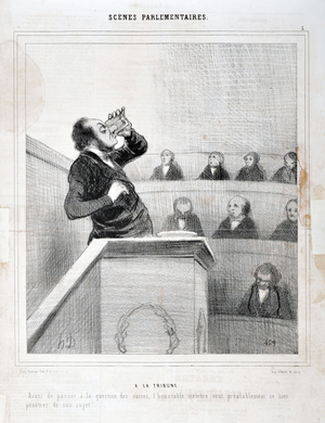 Artwork by Honore Daumier (1808-1879). Charivari dates from 1843: Serie SCENES PARLIAMENTARY. In the gallery - Before moving on to the question of sugars, the hon. member wants to think well about his subject”” MUSEE DES BEAUX ARTS - PALAIS LONGCHAMP, MARSEILLE