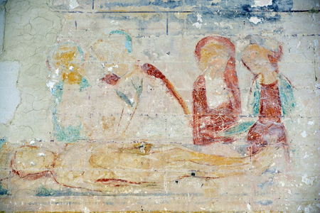 Tomb with the Virgin and the Holy Women Fresco of the 14th century Church of Saint Peter (Saint-Pierre) Landes (17380), Charente-Maritime