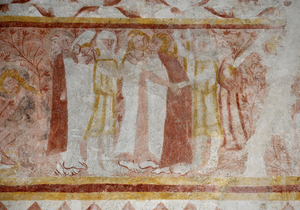 Romanesque art: The Chapel of St. Catherine, Voute in the cradle breeze, the Childhood of Christ, the Passion, the Last Judgment and Christ in the Majestic. Frescoes of the church of Notre Dame d'Antigny. Vienne, Poitou-Charentes (Poitou Charente), France. Scene depicting the arrest of Jesus Christ and the kiss of Judas?. Photography