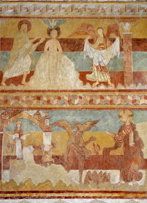 The Bapteme of Christ (above) Christ in the desert (below). Romanesque art. Fresco of the choir of the church Saint Aignan (11th and 12th century) in Brinay, Cher (18120), Centre, France.