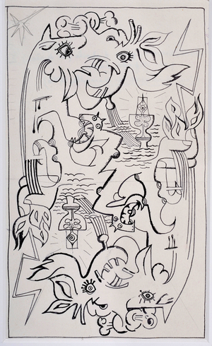 Le jeu de Marseille: Lautreamont, Genie de Reve - Etoile . Drawing by Wifredo Lam (1902-1982). India ink on paper. Dim : 32,4x25,1cm. Musee Cantini, Marseille