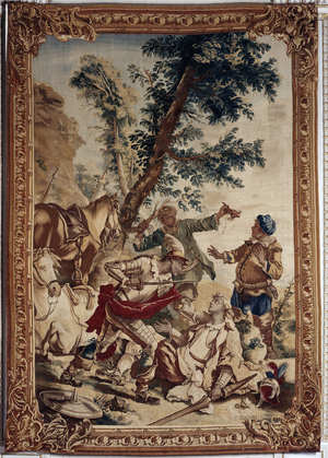 Don Quixote fights the Knight of Mirrors. According to the novel “El Ingenioso Hidalgo Don Quijote de la Mancha” written by Miguel de Cervantes. Tapestry by Charles Joseph Natoire (Charles-Joseph Natoire, 1700-1777). Wool and silk. Dim: 359x258cm. Musee des tapestries, Aix en Provence.
