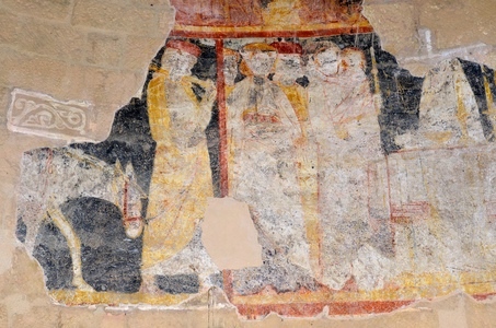 The flight to Egypt - Fresco of the chapel of Saint Martin, late 12th century, of the medieval city of Limeuil (Dordogne, Perigord)