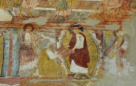 Romanesque art: Fresco of the abbey of Saint Savin sur Gartempe (Saint-Savin-sur-Gartempe), Vienne, Poitou-Charentes (Poitou Charentes), France. Painting of the nave, The exodus. God gives Moses the tables of the Law Photography