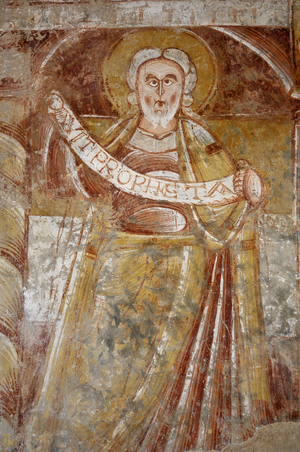Romanesque art: A prophete. Detail view of the frescoes of the choir “La vie du Christ”” (13th century) from the church of Saint Martin (Saint Martin, 11th and 12th century) in Nohant Vic (Nohant-Vic), Indre (36400), Centre, France. Photography 2010