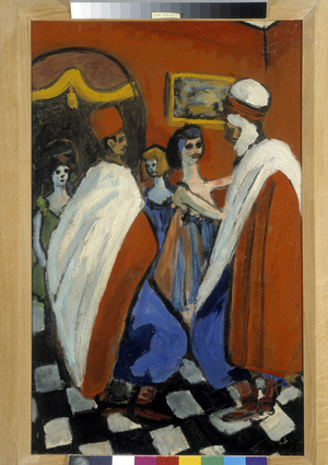 Brothel: “Girls welcoming the sapphis” (oil on cardboard)