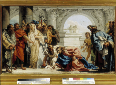 Christ and adulterous woman (oil on canvas)