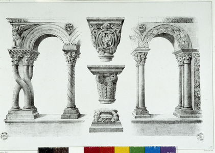 Architecture: representations of the decorations of the various columns of the church of Saint Trophime in Arles (Bouches du Rhone). Anonymous engraving of the 19th century. Musee Arbaud, Aix en provence
