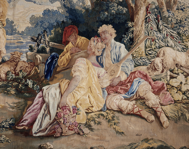 Dance, curtain of Russian games, detail of the lute player on the right, 18th century (wool and silk)