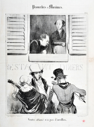 Artwork by Honore Daumier (1808-1879). Charivari dates from 1840: Serie PROVERBES ET MAXIMES “” Belly starvation has no ears””” MUSEE DES BEAUX ARTS - PALAIS LONGCHAMP, MARSEILLE