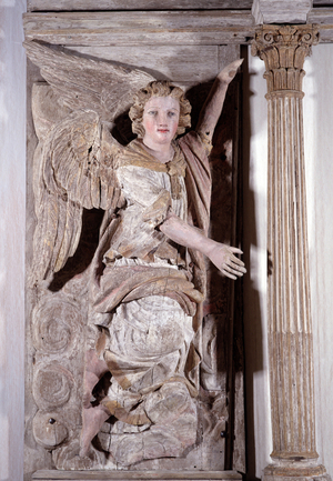 Altarpiece of the chapel of the Hospice des Incurables, detail, Issoudun, 1715. Dim: 310x337x36cm. Polychrome wood, painted oak. Musee de l'hospice Saint-Roch, Issoudun (Inv D. 27.1.45, depot of the hospital in 1927). Mandatory mention