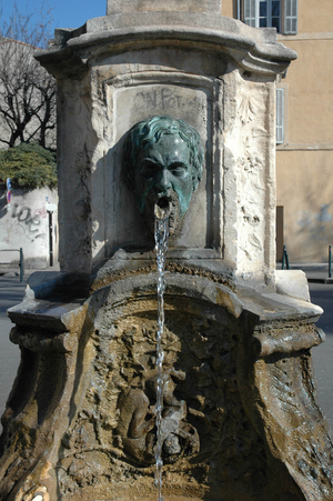 La Fontaine Villeverte. Located at the bottom of the Cours Sextius, it dates from 1683 and was sculpted by Escursau, the vase that surmounts it dates back to 1848. Aix en Provence (Bouches du rhone)