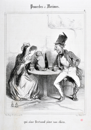 Oeuvre de Honore Daumier (1808-1879). Charivari date de 1840 : Serie PROVERBES ET MAXIMES ""qui aime Bertrand aime son chien"" MUSEE DES BEAUX ARTS - PALAIS LONGCHAMP, MARSEILLE 