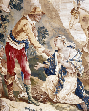 Don Quixote and the False Princess of Micomicon, detail of Don Quixote and the False Princess. According to the novel “El Ingenioso Hidalgo Don Quijote de la Mancha” written by Miguel de Cervantes. Tapestry by Charles Joseph Natoire (Charles-Joseph Natoire, 1700-1777) made by the Atelier de Beauvais in Basse-lice. Wool and silk. Dim: 360x235cm. Musee des tapestries, Aix en Provence.