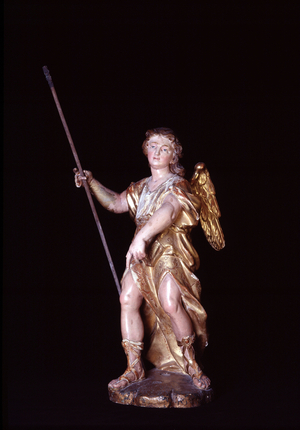 Angel statue Anonymous sculpture in golden and painted wood from the beginning of the 19th century. Dim. 86x30x50 cm Church of the Nativite of Notre Dame, Cabries (Bouches du Rhone)