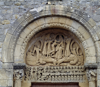 Romanesque architecture: view of the eardrum representing the Adoration of the Magi, the lintel represents the Temptation of Adam and Eve and the Cene. Neuilly Church in Dungeon (Allier).