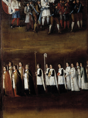 Detail of an 18th century screen used for the Fete Dieu (or Fete of the Blessed Sacrament), representing the procession of the Clerge with cross, incense and butt. Musee du Vieil Aix, Aix en Provence