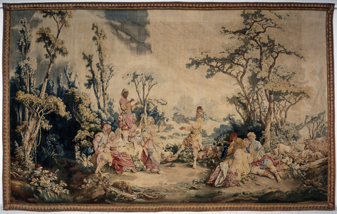The outdoor banquet, curtain Russian games, detail of the tent and characters, 18th century (tapestry)