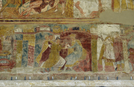 Romanesque art: Fresco of the abbey of Saint Savin sur Gartempe (Saint-Savin-sur-Gartempe), Vienne, Poitou-Charentes (Poitou Charentes), France. Painting of the nave, Joseph. Read from right to left. Presentation of the Ring Photography