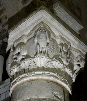 Romanesque art: Chapiteau in the basilica church Saint Etienne de Neuvy-Saint-Sepulchre (Neuvy Saint Sepulchre), Indre, Centre, France Photography