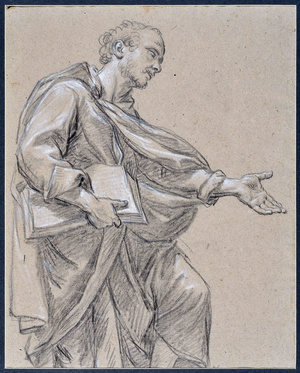 Drapee figure holding a book (drawing)