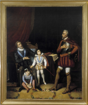 Henri IV (1553-1610) confie a Francois de Bonne (1543-1626), duc de Lesdiguieres, l'education de son fils aine qui deviendra Louis XIII - Peinture de l'Ecole francaise, Musee departemental de Gap 