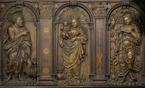Saint John the Baptist, the Virgin Mary, Saint Genevieve - Polychrome wooden sculptures of the altar of the cathedrale Notre Dame (1525-1535) by Saint Bertrand de Comminges (Haute Garonne, Midi Pyrenees)
