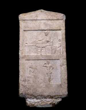 Roman antiquite: cyzic funerary stele in marble. From the site of the Cyzic city at the time when it was a Roman province. Mediterranean Archeology Museum, Marseille